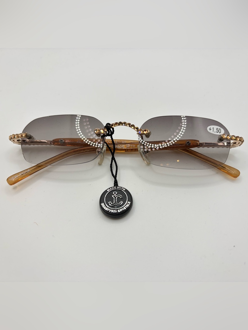 NWT Jimmy Crystal Swarovski Crystal Tan Retro Square Style Tinted Readers +1.50